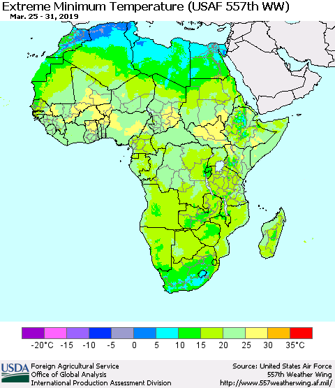 Africa Minimum Daily Temperature (USAF 557th WW) Thematic Map For 3/25/2019 - 3/31/2019