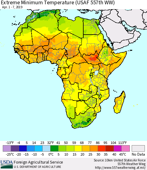 Africa Minimum Daily Temperature (USAF 557th WW) Thematic Map For 4/1/2019 - 4/7/2019