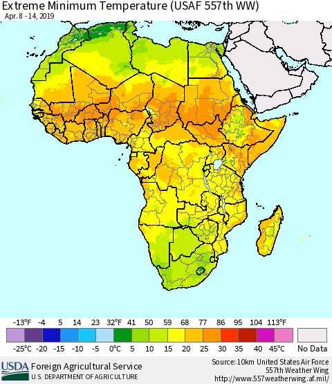 Africa Minimum Daily Temperature (USAF 557th WW) Thematic Map For 4/8/2019 - 4/14/2019