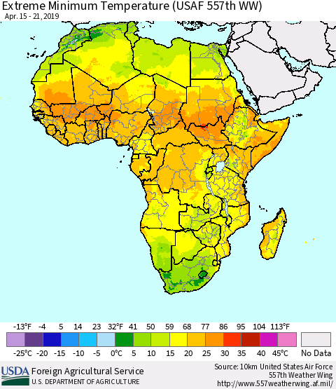 Africa Minimum Daily Temperature (USAF 557th WW) Thematic Map For 4/15/2019 - 4/21/2019