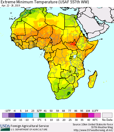 Africa Minimum Daily Temperature (USAF 557th WW) Thematic Map For 4/22/2019 - 4/28/2019