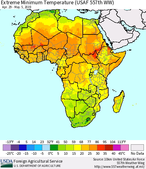 Africa Minimum Daily Temperature (USAF 557th WW) Thematic Map For 4/29/2019 - 5/5/2019