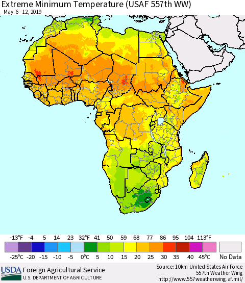 Africa Minimum Daily Temperature (USAF 557th WW) Thematic Map For 5/6/2019 - 5/12/2019