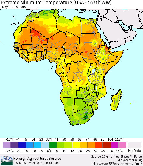 Africa Minimum Daily Temperature (USAF 557th WW) Thematic Map For 5/13/2019 - 5/19/2019
