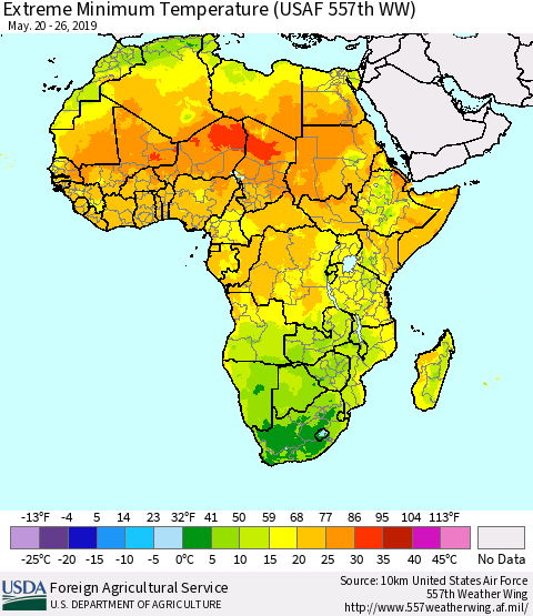 Africa Minimum Daily Temperature (USAF 557th WW) Thematic Map For 5/20/2019 - 5/26/2019