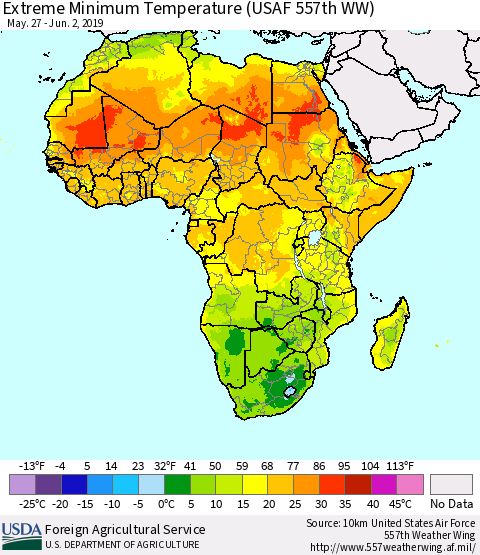 Africa Minimum Daily Temperature (USAF 557th WW) Thematic Map For 5/27/2019 - 6/2/2019