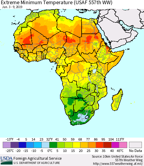 Africa Minimum Daily Temperature (USAF 557th WW) Thematic Map For 6/3/2019 - 6/9/2019
