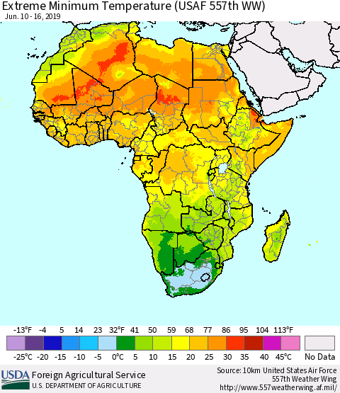 Africa Minimum Daily Temperature (USAF 557th WW) Thematic Map For 6/10/2019 - 6/16/2019