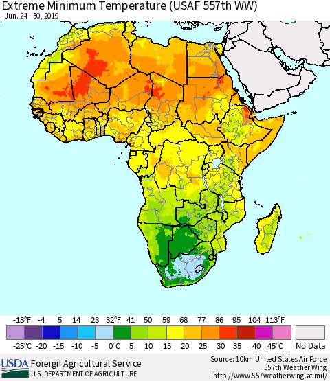 Africa Minimum Daily Temperature (USAF 557th WW) Thematic Map For 6/24/2019 - 6/30/2019