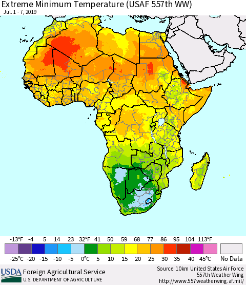 Africa Minimum Daily Temperature (USAF 557th WW) Thematic Map For 7/1/2019 - 7/7/2019