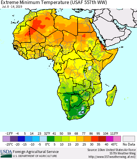 Africa Minimum Daily Temperature (USAF 557th WW) Thematic Map For 7/8/2019 - 7/14/2019
