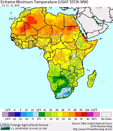 Africa Minimum Daily Temperature (USAF 557th WW) Thematic Map For 7/15/2019 - 7/21/2019