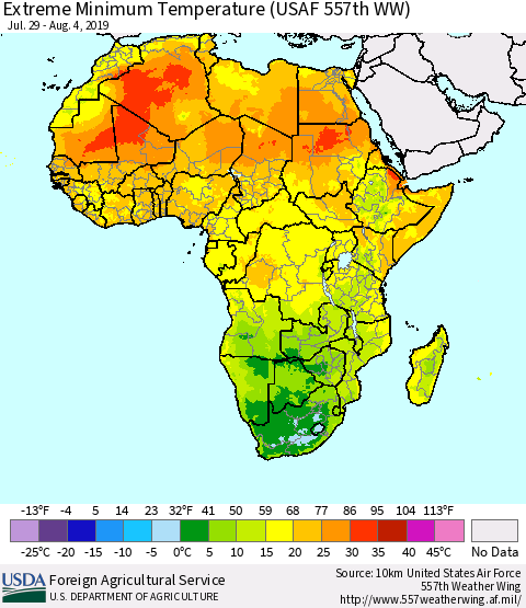 Africa Minimum Daily Temperature (USAF 557th WW) Thematic Map For 7/29/2019 - 8/4/2019