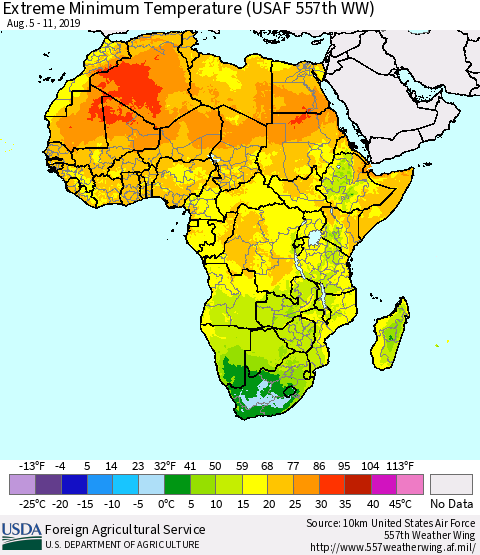 Africa Minimum Daily Temperature (USAF 557th WW) Thematic Map For 8/5/2019 - 8/11/2019