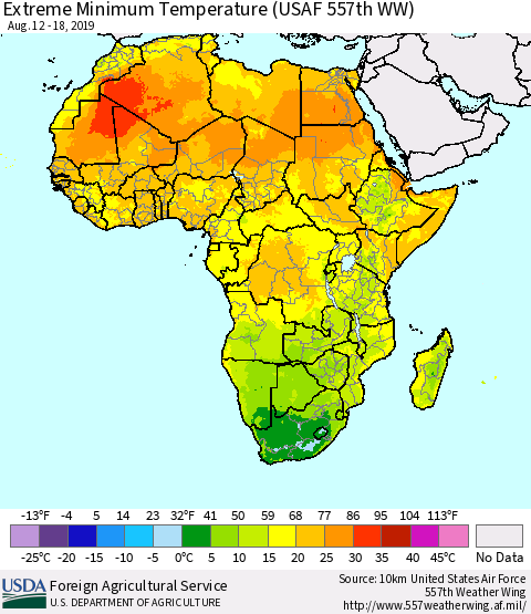 Africa Minimum Daily Temperature (USAF 557th WW) Thematic Map For 8/12/2019 - 8/18/2019