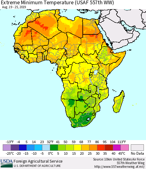 Africa Minimum Daily Temperature (USAF 557th WW) Thematic Map For 8/19/2019 - 8/25/2019