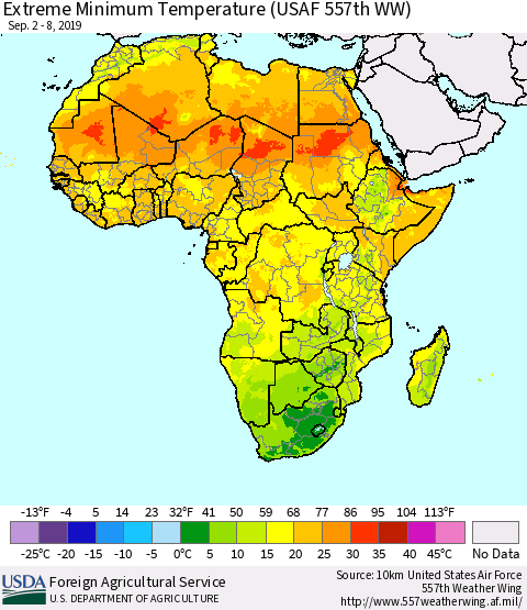 Africa Minimum Daily Temperature (USAF 557th WW) Thematic Map For 9/2/2019 - 9/8/2019