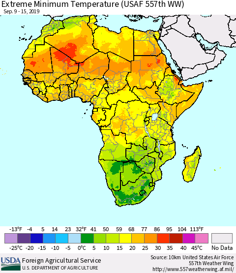 Africa Minimum Daily Temperature (USAF 557th WW) Thematic Map For 9/9/2019 - 9/15/2019