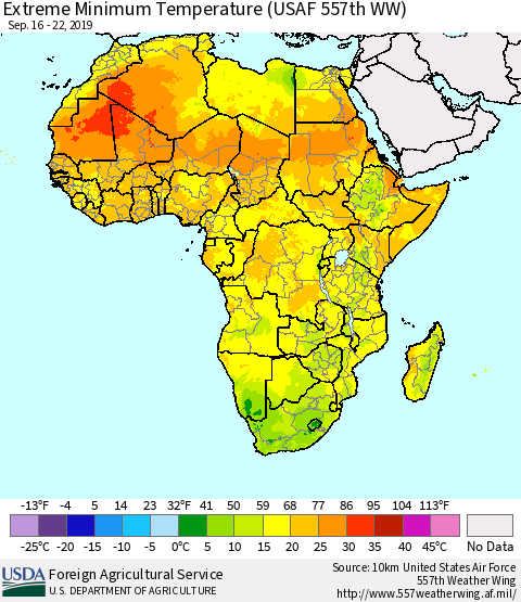 Africa Minimum Daily Temperature (USAF 557th WW) Thematic Map For 9/16/2019 - 9/22/2019