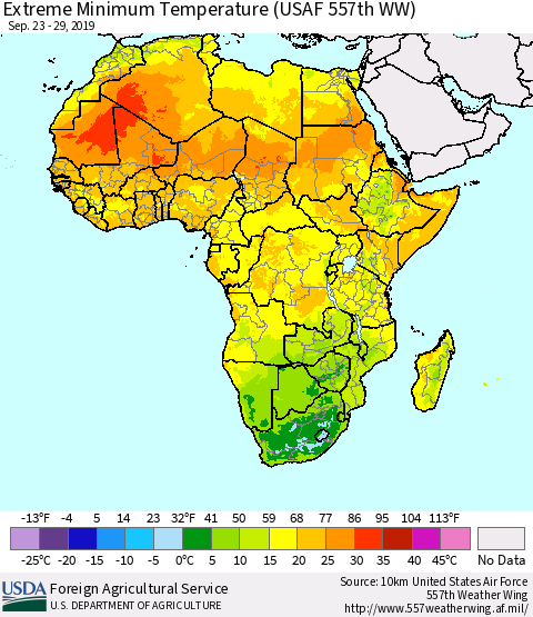 Africa Minimum Daily Temperature (USAF 557th WW) Thematic Map For 9/23/2019 - 9/29/2019