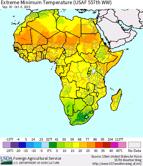 Africa Minimum Daily Temperature (USAF 557th WW) Thematic Map For 9/30/2019 - 10/6/2019