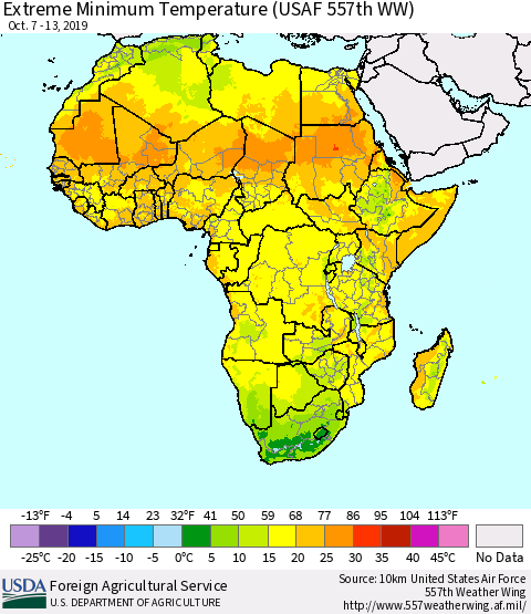 Africa Minimum Daily Temperature (USAF 557th WW) Thematic Map For 10/7/2019 - 10/13/2019