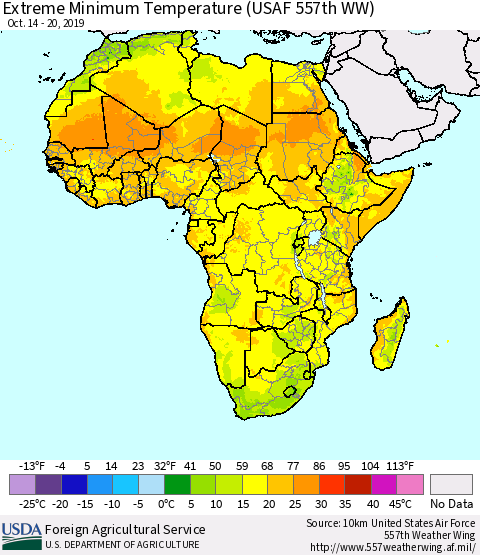 Africa Minimum Daily Temperature (USAF 557th WW) Thematic Map For 10/14/2019 - 10/20/2019