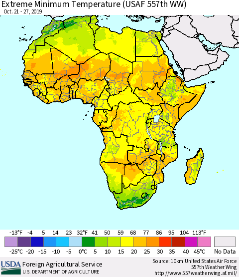 Africa Minimum Daily Temperature (USAF 557th WW) Thematic Map For 10/21/2019 - 10/27/2019