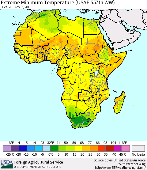 Africa Minimum Daily Temperature (USAF 557th WW) Thematic Map For 10/28/2019 - 11/3/2019