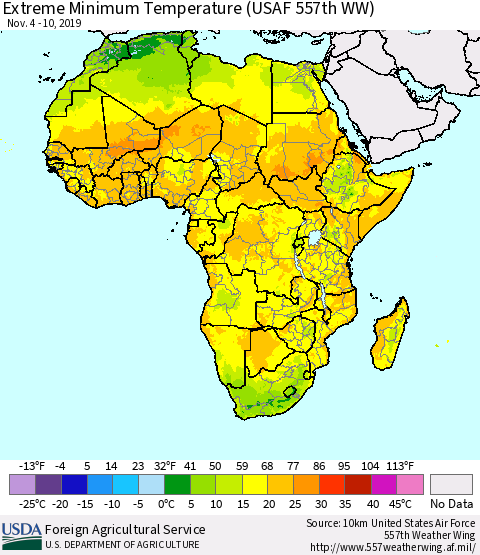 Africa Minimum Daily Temperature (USAF 557th WW) Thematic Map For 11/4/2019 - 11/10/2019