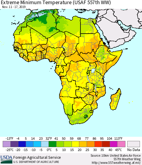 Africa Minimum Daily Temperature (USAF 557th WW) Thematic Map For 11/11/2019 - 11/17/2019