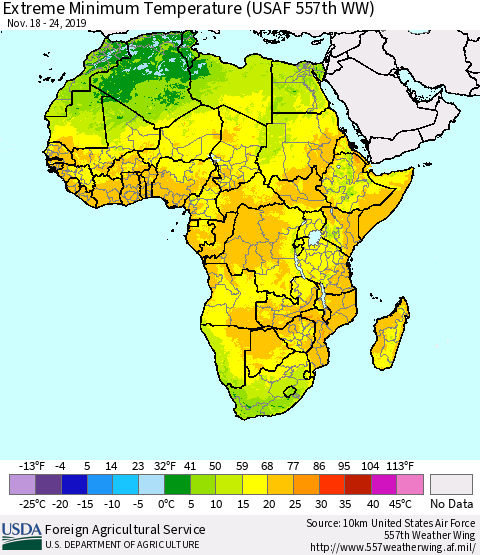 Africa Minimum Daily Temperature (USAF 557th WW) Thematic Map For 11/18/2019 - 11/24/2019