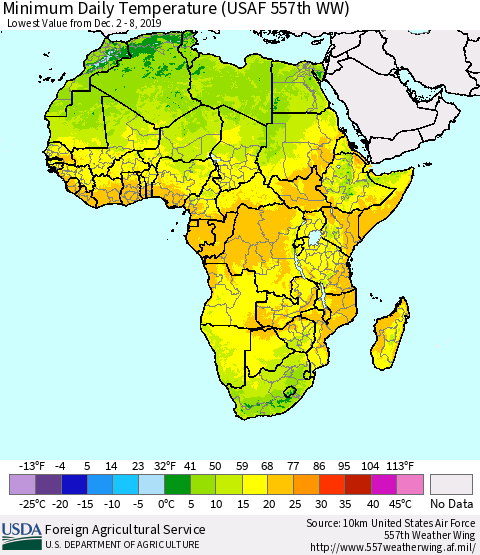 Africa Minimum Daily Temperature (USAF 557th WW) Thematic Map For 12/2/2019 - 12/8/2019