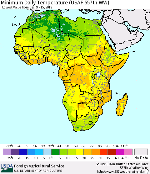 Africa Minimum Daily Temperature (USAF 557th WW) Thematic Map For 12/9/2019 - 12/15/2019