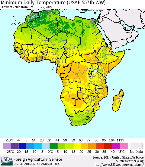 Africa Minimum Daily Temperature (USAF 557th WW) Thematic Map For 12/16/2019 - 12/22/2019