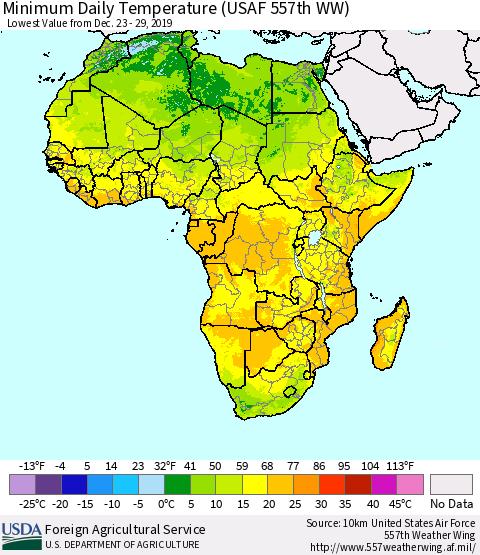 Africa Minimum Daily Temperature (USAF 557th WW) Thematic Map For 12/23/2019 - 12/29/2019