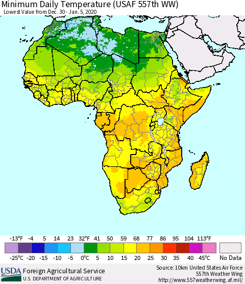 Africa Minimum Daily Temperature (USAF 557th WW) Thematic Map For 12/30/2019 - 1/5/2020