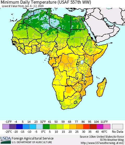 Africa Minimum Daily Temperature (USAF 557th WW) Thematic Map For 1/6/2020 - 1/12/2020
