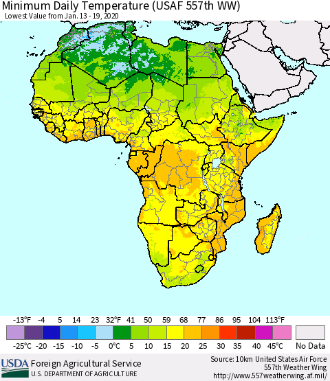 Africa Minimum Daily Temperature (USAF 557th WW) Thematic Map For 1/13/2020 - 1/19/2020