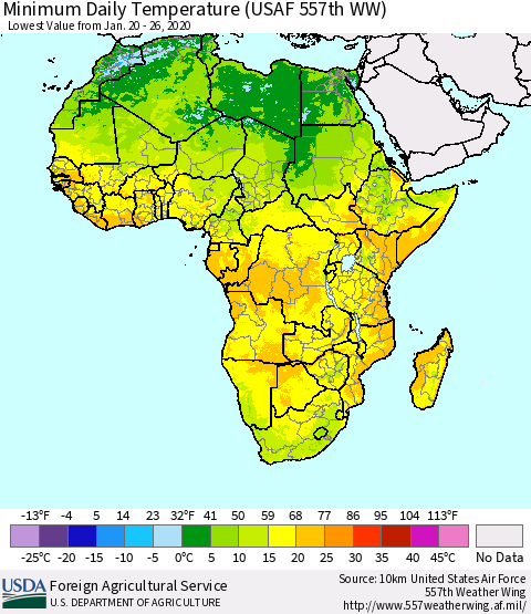 Africa Minimum Daily Temperature (USAF 557th WW) Thematic Map For 1/20/2020 - 1/26/2020