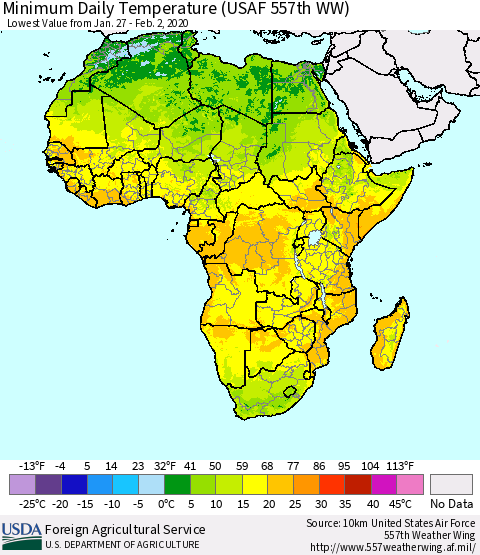 Africa Minimum Daily Temperature (USAF 557th WW) Thematic Map For 1/27/2020 - 2/2/2020