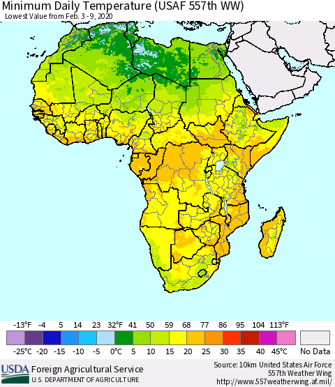 Africa Minimum Daily Temperature (USAF 557th WW) Thematic Map For 2/3/2020 - 2/9/2020