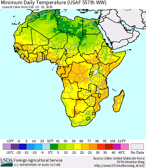 Africa Minimum Daily Temperature (USAF 557th WW) Thematic Map For 2/10/2020 - 2/16/2020