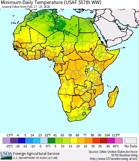 Africa Minimum Daily Temperature (USAF 557th WW) Thematic Map For 2/17/2020 - 2/23/2020