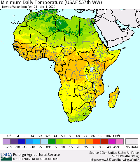 Africa Minimum Daily Temperature (USAF 557th WW) Thematic Map For 2/24/2020 - 3/1/2020