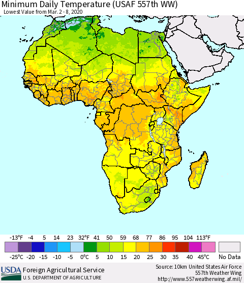 Africa Minimum Daily Temperature (USAF 557th WW) Thematic Map For 3/2/2020 - 3/8/2020