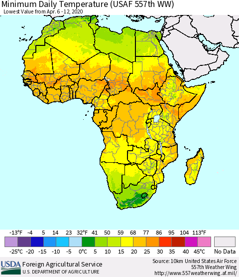 Africa Minimum Daily Temperature (USAF 557th WW) Thematic Map For 4/6/2020 - 4/12/2020
