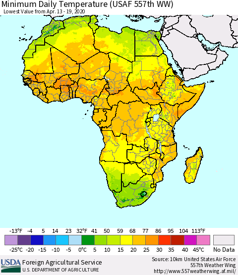Africa Minimum Daily Temperature (USAF 557th WW) Thematic Map For 4/13/2020 - 4/19/2020