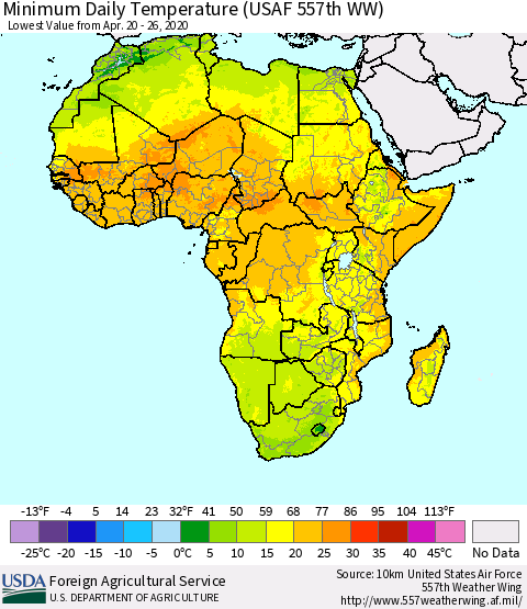 Africa Minimum Daily Temperature (USAF 557th WW) Thematic Map For 4/20/2020 - 4/26/2020