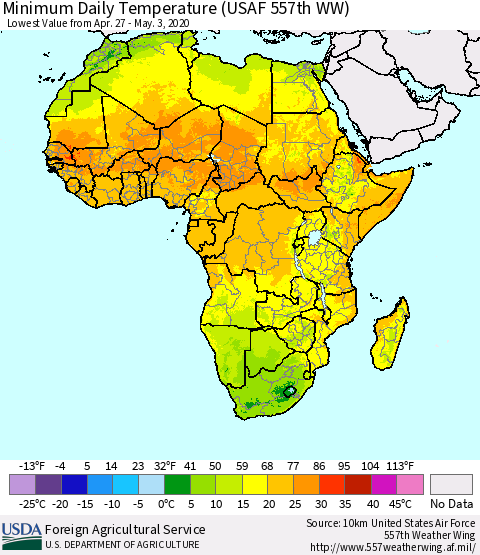 Africa Minimum Daily Temperature (USAF 557th WW) Thematic Map For 4/27/2020 - 5/3/2020